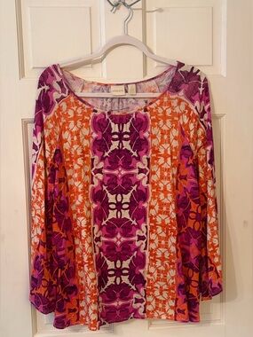 Chico’s Medallion Print Long Sleeve Top Purple Orange Vibrant Knit Blouse Size 3